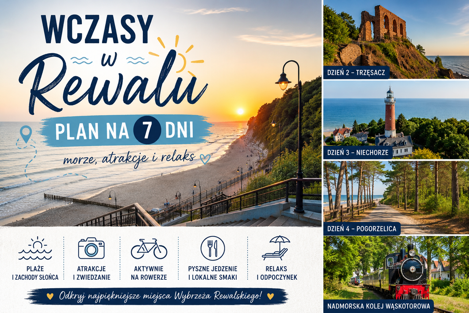 Plan 7 dni w Rewalu z plażami, atrakcjami, rowerami, lokalnym jedzeniem i relaksem nad morzem